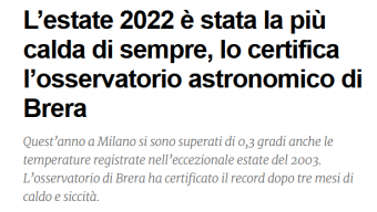 L’estate 2022 a MILANO è la più calda di sempre, lo certifica l’osservatorio astronomico di Brera