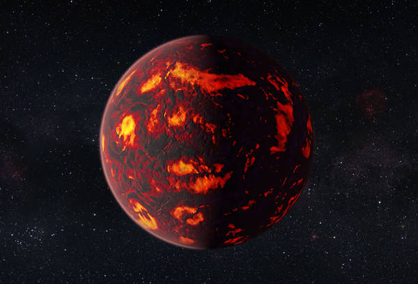 This artist’s impression shows the exoplanet 55 Cancri e as close-up. Due to its proximity to its parent star, the temperatures on the surface of the planet are thought to reach about 2000 degrees Celsius. Scientists were able to analyze the atmosphere of 55 Cancri e. It was the first time this was possible for a super-Earth exoplanet.