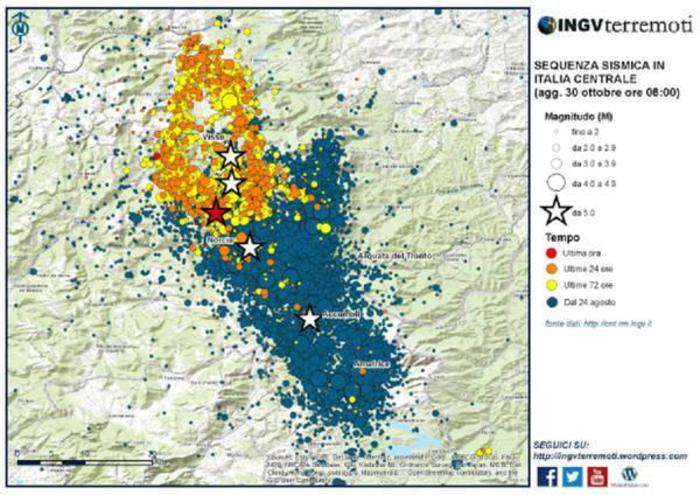 Nella cartina dell'Ingv le sequenza sismica nell'Italia centrale, 30 ottobre 2016. ANSA/INGV +++EDITORIAL USE ONLY - NO SALES+++
